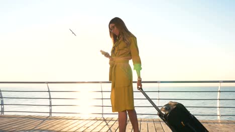 Junge-Geschäftsfrau-mit-Koffer-mit-Smartphone-an-der-Strandpromenade