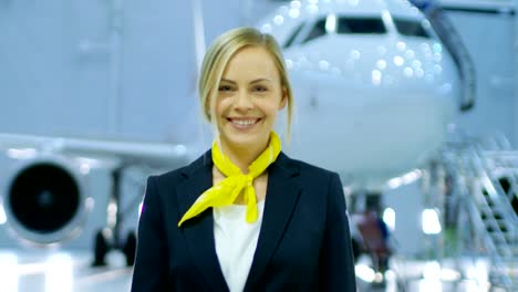 In-a-Aircraft-Maintenance-Hangar-Young-Beautiful-Blonde-Stewardess/-Flight-Attendant-Moves-on-Camera-and-Smiles-Charmingly.-In-the-Background-Brand-New-Airplane-is-Visible.