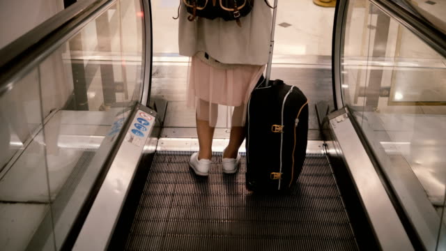 Close-up-view-of-young-stylish-woman-with-suitcase-standing-on-the-escalator.-Feet-of-attractive-female-on-the-airport