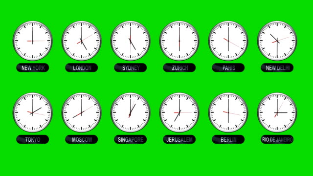 Relojes-precisos-diferentes-zonas-horarias-en-una-pantalla-verde
