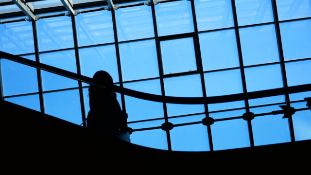 Modernes-Glas-Gebäude-und-bewegten-Silhouetten-von-Geschäftsleuten-auf-Rolltreppe