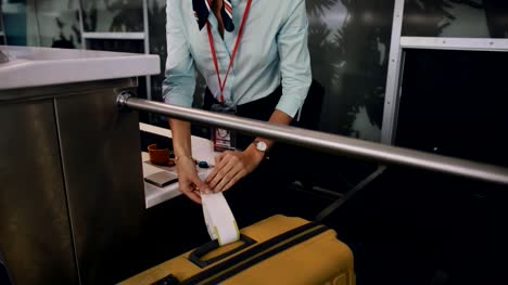 Asistente-de-la-joven-aerolínea-colocar-etiqueta-de-la-maleta-del-viajero