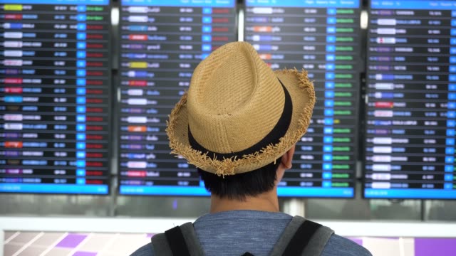 Junge-Touristen-mit-Hut-und-Tasche-am-Flughafen-bei-der-Flug-Informationstafel-zur-Überprüfung-seiner-Flüge-suchen