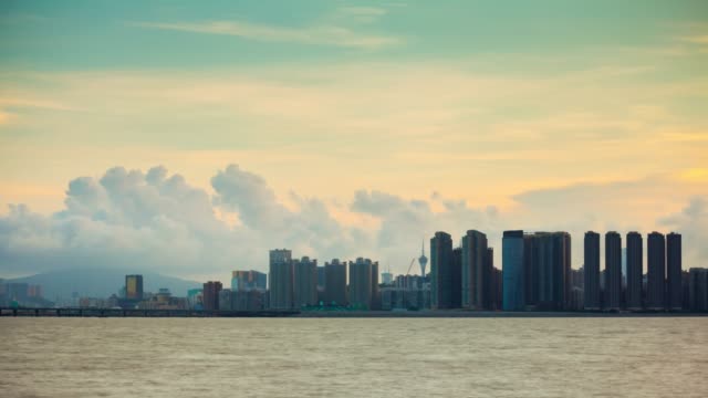 China-cielo-atardecer-zhuhai-ciudad-Bahía-Macao-Costa-panorama-4k-timelapse