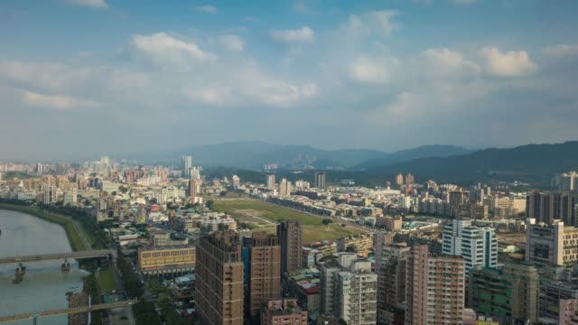 Sonne-Licht-Taipeh-Stadtbild-Fluss-aerial-Panorama-4k-Zeitraffer-Taiwan