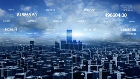 Blick-auf-die-Skyline-der-Stadt-mit-futuristischen-Netzwerkverbindungen-und-Zahlen.