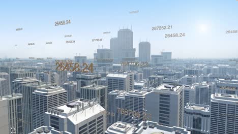 Aerial-view-of-a-futuristic-city-with-skyscrapers-and-numbers.