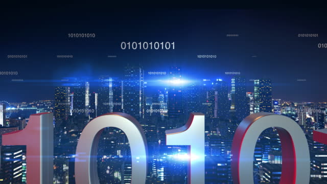 Futuristic-city-skyline-at-night-time-with-flying-numbers.