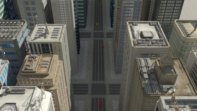 Antena-ciudad-3D-animación-de-vuelo-sobre-los-rascacielos