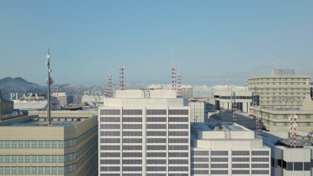 Antena-ciudad-3D-animación-sobre-rascacielos