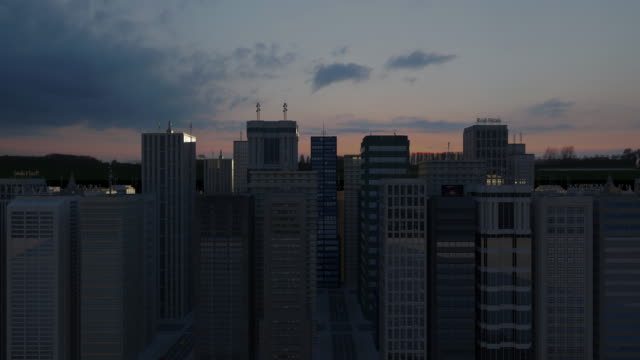 Aerial-3D-Stadt-Animation-über-Wolkenkratzer---Nacht