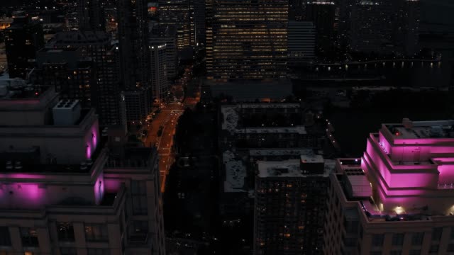 Aerial-view-of-Downtown-at-Night-4K