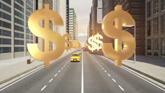 US-Dollar-Sign-In-The-City---Flight-Animation-Over-The-Road