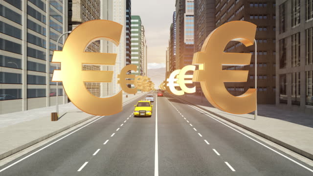 Euro-Währung-Zeichen-In-der-Stadt---Flug-Animation-über-die-Straße
