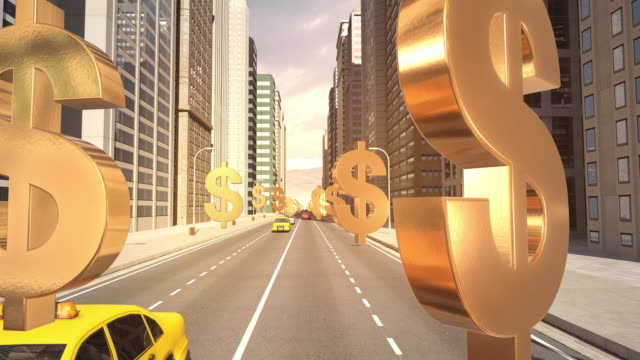 US-Dollar-Zeichen-In-der-Stadt---Flug-Animation-über-die-Straße