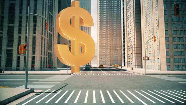 US-Dollar-Zeichen-In-der-Stadt---Flug-Animation-über-die-Straße