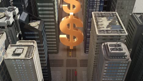 US-Dollar-Sign-In-The-City---Flight-Animation-Over-The-Road