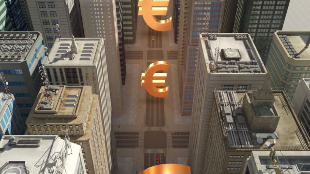 Signo-de-moneda-de-euro-en-la-ciudad---animación-de-vuelo-sobre-el-camino