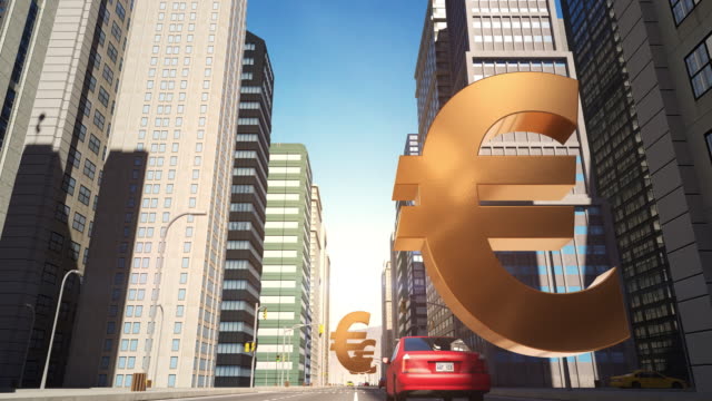 Euro-Währung-Zeichen-In-der-Stadt---Flug-Animation-über-die-Straße