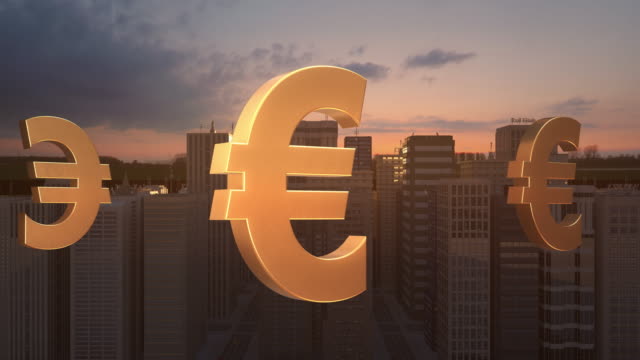 Signo-de-moneda-de-euro-en-la-ciudad---animación-de-vuelo-sobre-el-camino