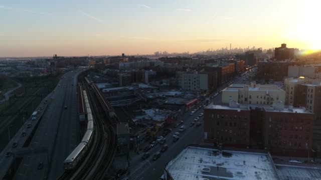 Aerial-of-Harlem,-New-York-City-at-Sunset