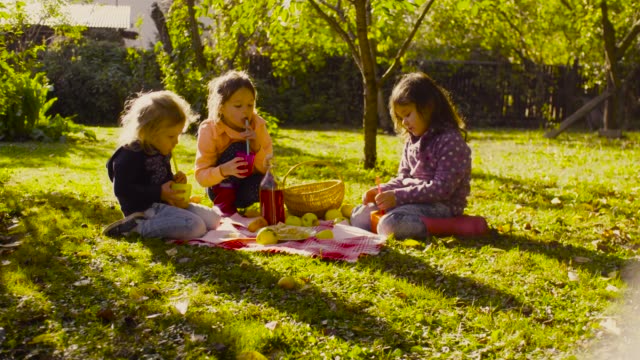 Picknick-im-Garten.-Kinder-auf-dem-Rasen-sitzen,-essen-Kuchen-und-trinken-Kompott