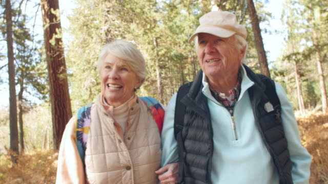 Handheld-front-view-of-senior-couple-walking-in-a-forest