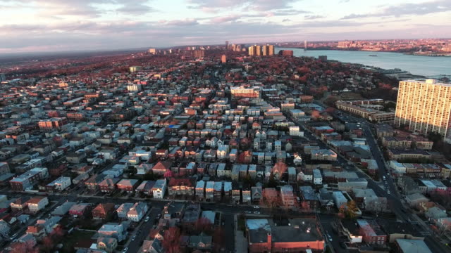 Cliffside-Park-NJ-Flyover-Buildings-During-Sunset-With-Some-Trees