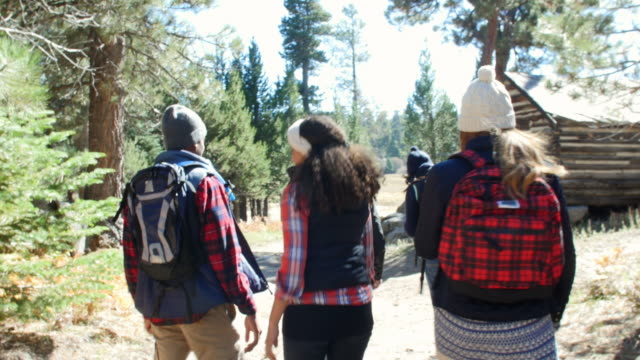 Six-friends-hiking-past-a-cabin-in-a-forest,-back-view,-shot-on-R3D