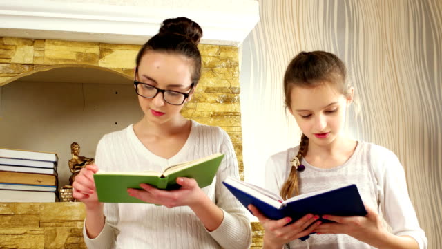 inteligente-y-trabajador-niñas-leyendo-libros-con-interés,-hermanas-sentados-juntos-junto-a-la-chimenea