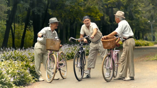 Drei-ältere-Freunde-mit-Fahrrädern-sprechen-im-park