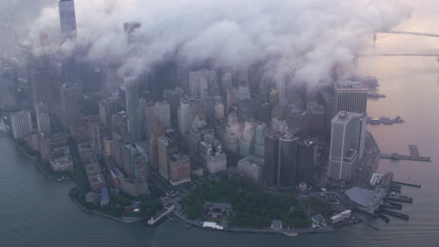 High-angle-aerial-view-of-lower-Manhattan-with-low-clouds.