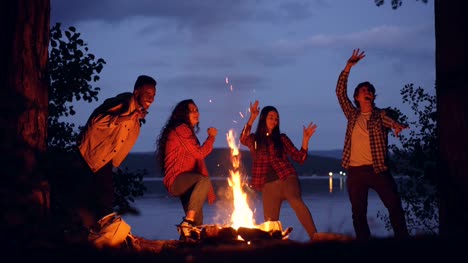 Cinemagraph-loop---joyful-friends-multiethnic-group-are-dancing-around-fire-in-forest-during-weekend-trip.-Young-people-are-having-fun,-flame-is-moving.