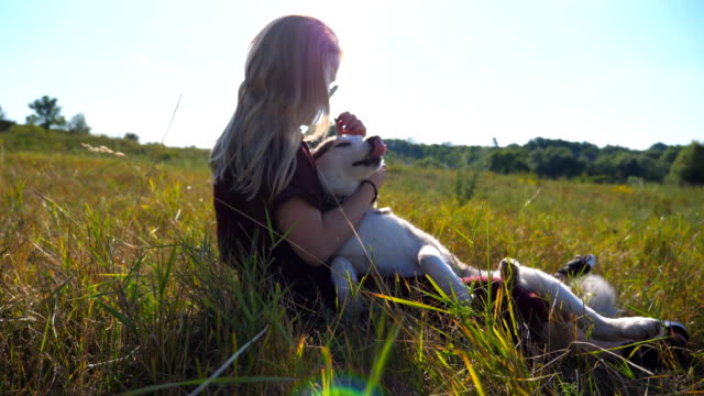 Dolly-shot-of-young-girl-with-blonde-hair-sitting-on-grass-at-field-and-hugging-her-husky-dog.-Beautiful-woman-in-sunglasses-caress-and-kissing-her-pet-at-meadow.-Friendship-with-domestic-animal