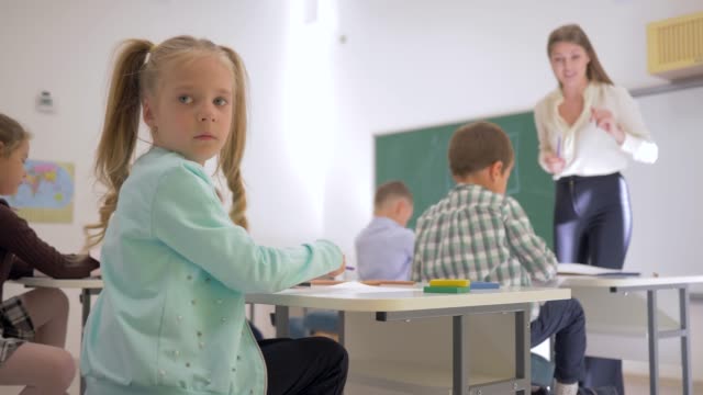 portrait-of-schoolkid-at-desk-during-teaching-lesson-in-classroom-at-elementary-school-on-unfocused-background