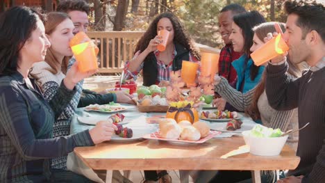 Gruppe-der-happy-Friends-an-einem-Tisch-im-Freien-machen-einen-toast