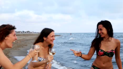 Happy-Friends-am-Strand-Toasten-und-trinken-am-Strand:-Sommer,-Freundschaft