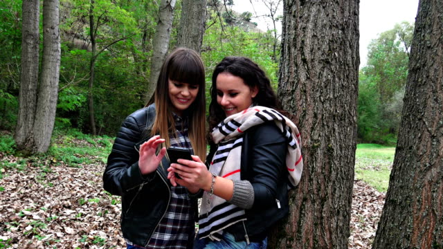 Dos-amigas-felizes-tomando-selfie-foto-con-su-smartphone-en-el-parque.-Brote-de-steadycam-Sony-uhd,-stock-video