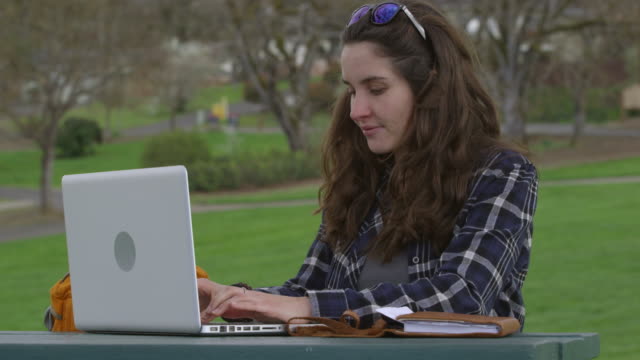 Woman-at-park-on-working-on-laptop-computer
