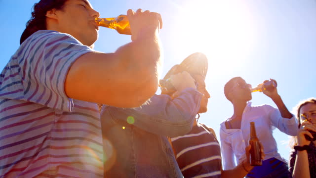 Gruppe-von-Freunden-Toasten-Bierflaschen-am-Strand-4k