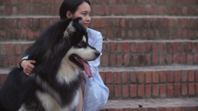 Mujer-asiática-joven-sosteniendo-a-su-perro-Alaska-malamute-al-aire-libre,-4k