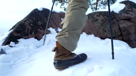 Caminata-de-jóvenes-en-invierno-en-las-montañas,-mochileros-caminando-sobre-la-nieve