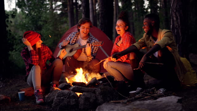 Cinemagramm-Schleife---fröhlichen-Kerl-in-Freizeitkleidung-spielt-die-Gitarre-während-seiner-männlichen-und-weibliche-Freunde-Touristen-sind-singen-und-lächelnd-sitzen-um-Feuer-im-Wald.