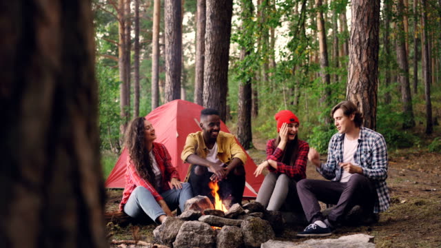 Cheerful-girls-and-guys-hikers-are-talking-and-laughing-sitting-near-fire-at-campsite-sharing-stories-and-having-fun.-Green-trees,-modern-tent-and-flame-are-visible.
