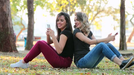 Friends-together-sharing-internet-media-content-together-outdoors.-Girlfriends-seated-outside-at-the-park-using-smartphones