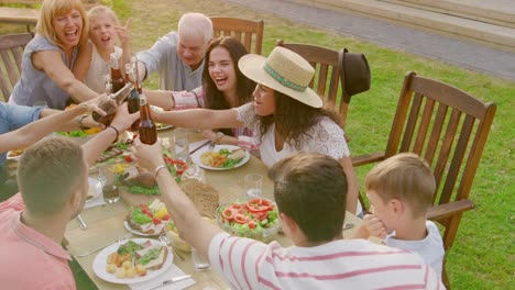 Family-and-Friends-Gathered-Together-at-the-Table-Raise-Glasses-and-Bottles-To-Make-a-Toast-and-Clink-Glasses.-Big-Family-Garden-Party-Celebration.