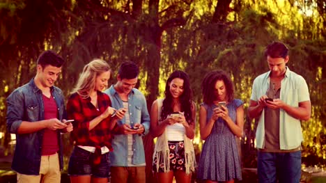 Happy-friends-in-the-park-using-their-phones