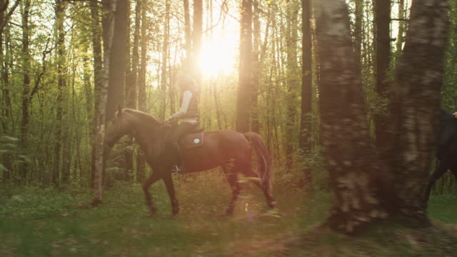 Dos-jovencitas-montando-caballos-en-bosque