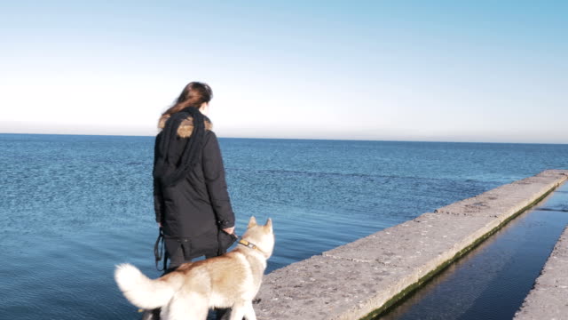 Young-woman-walking-in-lights-of-sun-with-siberian-husky-on-sea-pier