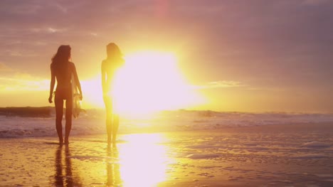 Multi-Ethnic-Females-Silhouette-Holding-Surfboards-Sunset-Beach